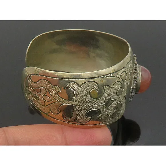 925 Silver Vintage Carnelian Beaded Swirl Wide Cuff Bracelet BT9347